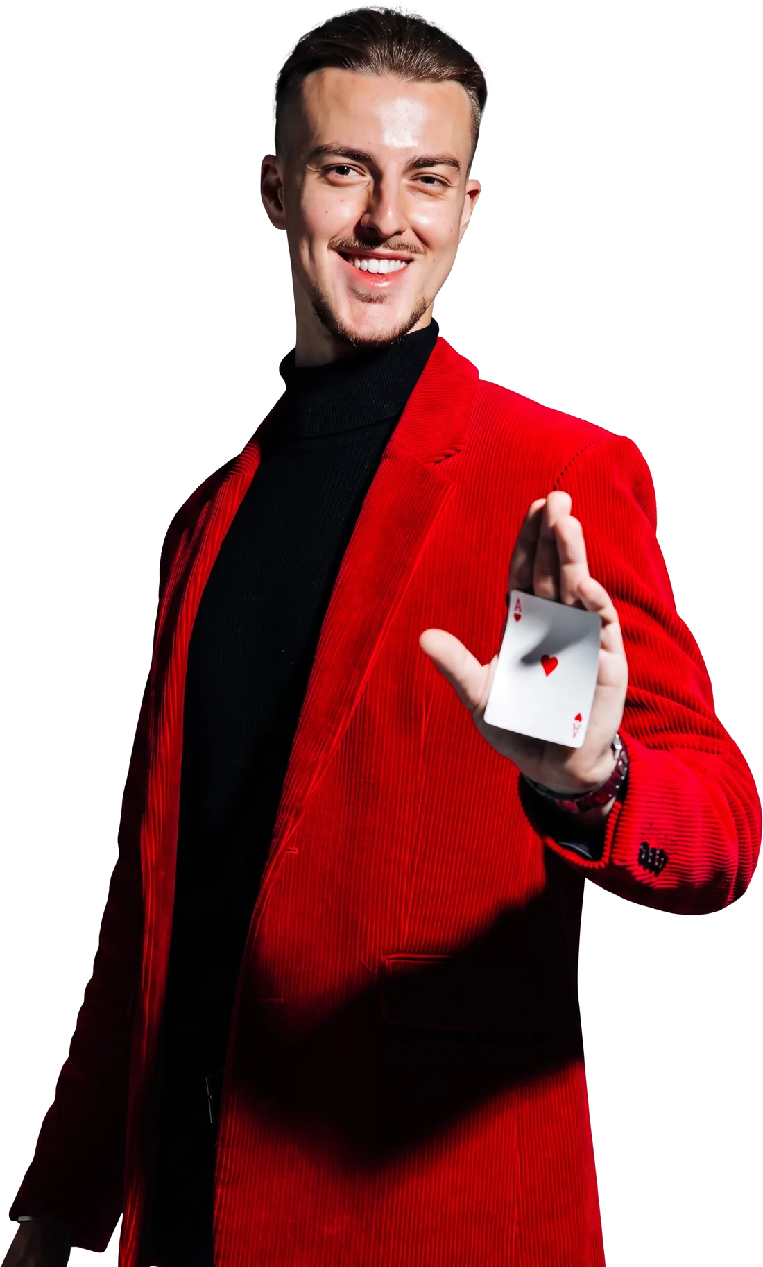 Magician in a red suit presenting an ace of hearts